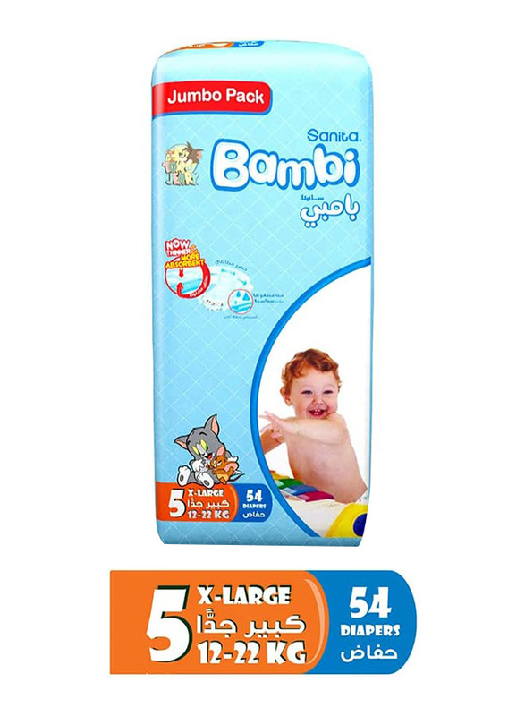Sanita Bambi Baby Diapers, Size 5, Junior, 12-22 kg, Jumbo Pack, 54 Count