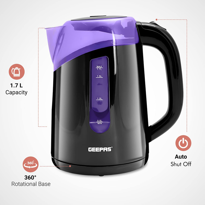 Geepas 1.7L Plastic Automatic Kettle, 2200W, GK38027, Black