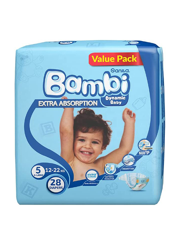 Sanita Bamabi Diapers, Size 5, Value Pack, X-Large 12-22 kg, 28 Count