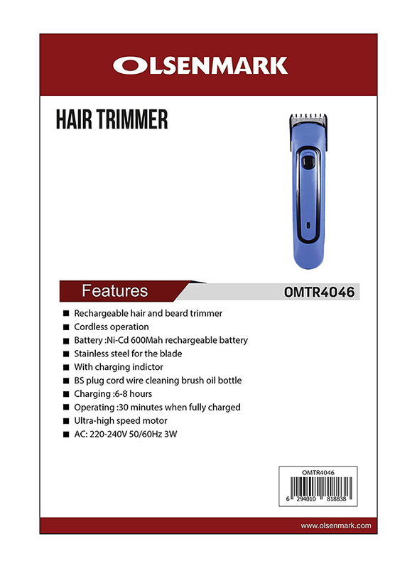 Olsenmark Cordless Hair Trimmer, OMTR4046, Blue