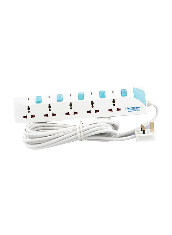 Terminator 5 Way Extension Socket, 3 Meter Cable, White