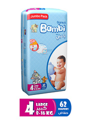 Sanita Bambi Baby Diapers, Size 4, Junior, 8-16 kg, Jumbo Pack, 62 Count