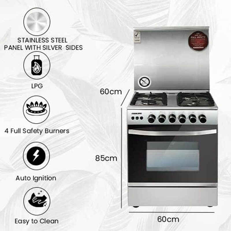 Nikai 60X60 4-Burners Free Full Safety Standing Oven, U6070EG, Silver/Black