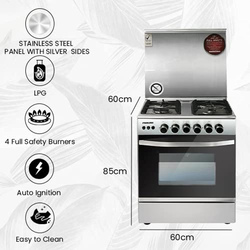 Nikai 60X60 4-Burners Free Full Safety Standing Oven, U6070EG, Silver/Black