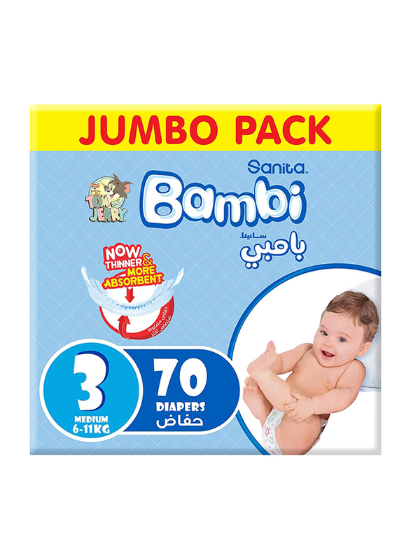 Sanita Bambi Baby Diapers, Size 3, Junior, 6-11 kg, Jumbo Pack, 70 Count