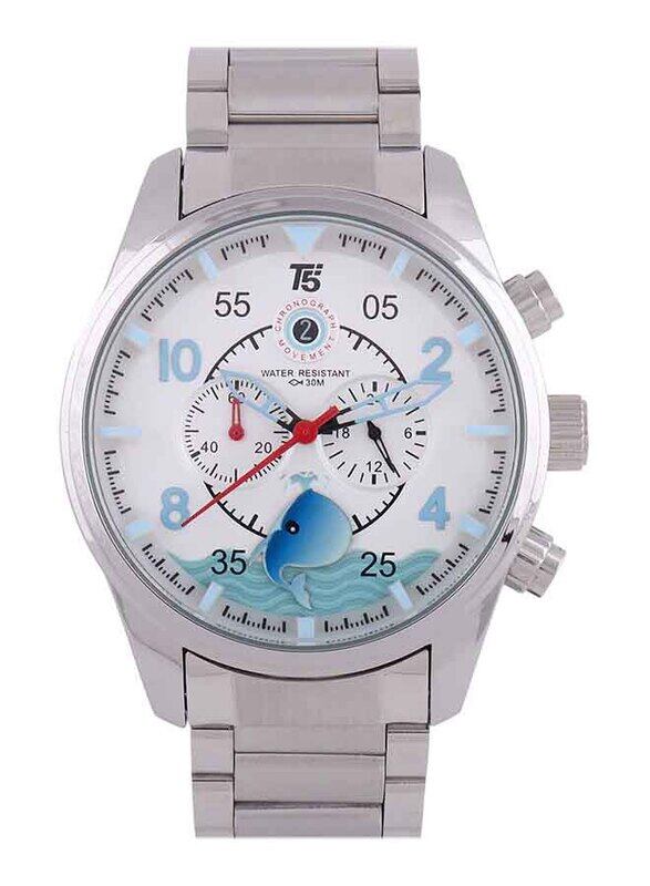 

T5 Anlog Watch for Men with Metal Band, Water Resistant, Silver-White