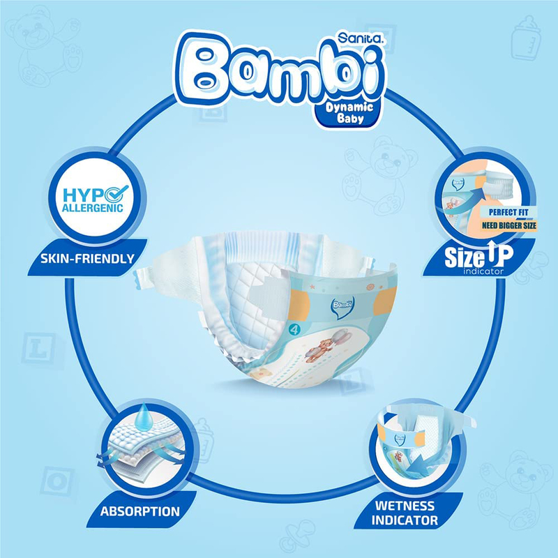 Sanita Bambi Diapers, Size 4, Large, 8-16 Kg, Mega Pack, 80 Count
