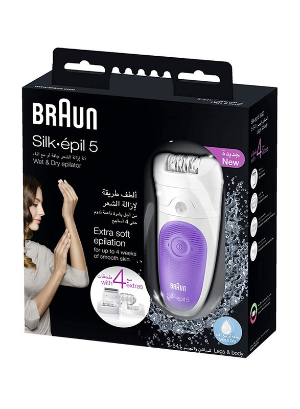 Braun Silk-Epil 5 Wet & Dry Cordless Epilator with 4 Extras Attachments, White/Purple