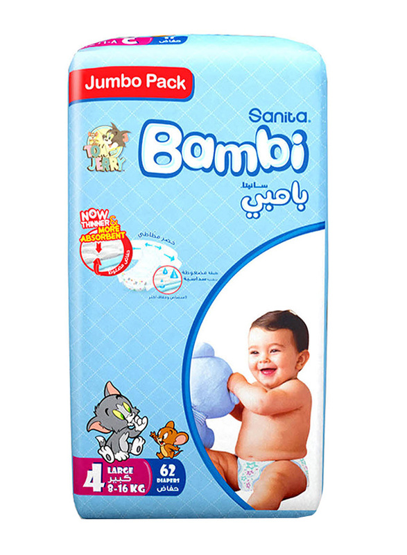 Sanita Bambi Baby Diapers, Size 4, Junior, 8-16 kg, Jumbo Pack, 62 Count