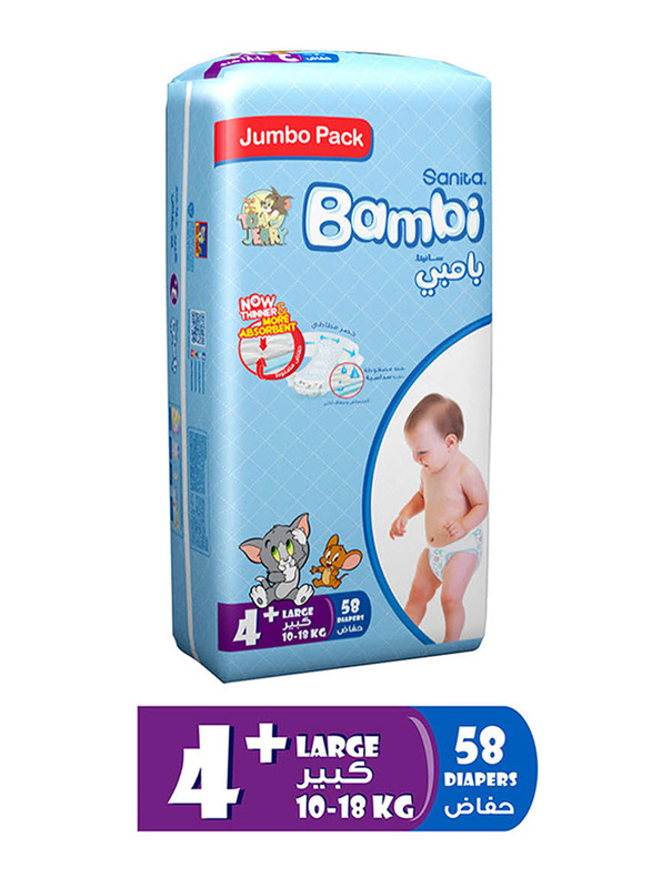 Sanita Bambi Baby Diapers, Size 4+, Junior, 10-18 kg, Jumbo Pack, 58 Count