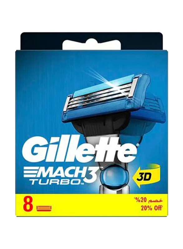 Gillette Mach3 Turbo Razor Blade Refills Set for Men, Blue/Silver, 8 Pieces