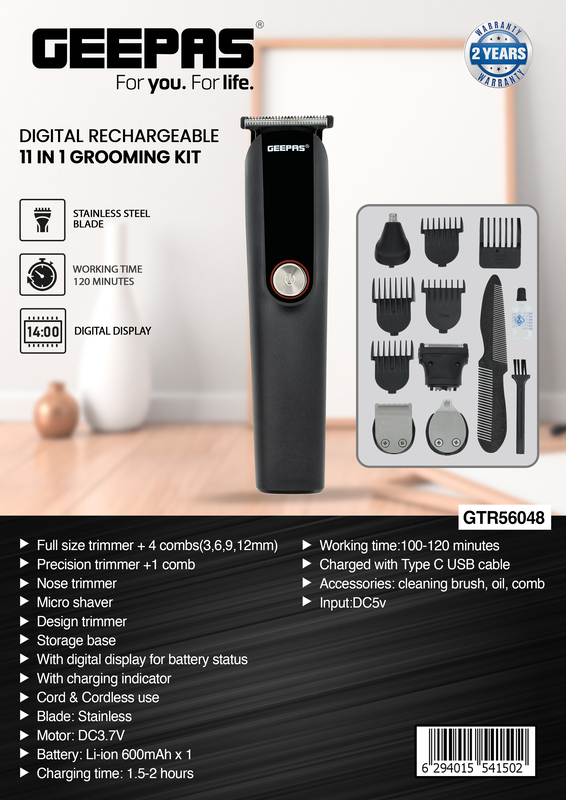 Geepas Digital Rechargeable 11-In-1 Grooming Kit, GTR56048PFL, Black