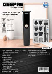 Geepas Digital Rechargeable 11-In-1 Grooming Kit, GTR56048PFL, Black