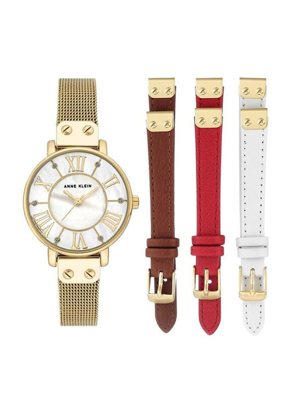 

Anne Klein Analog Quartz Watch for Women with Metal/Leather Band Strap, Water Resistant, AK3180GBST, Gold/White
