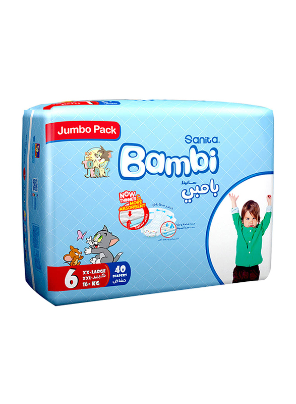 Sanita Bambi Baby Diapers, Size 6, Junior, 16+ kg, Jumbo Pack, 40 Count