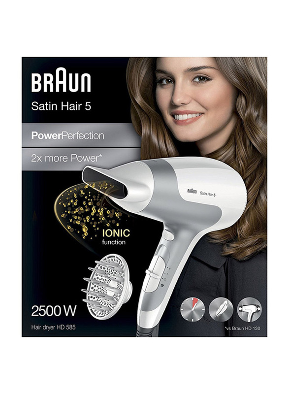 Braun Satin Hair 5 Power Perfection Hair Dryer, 2500 Watts, HD585, White/Grey