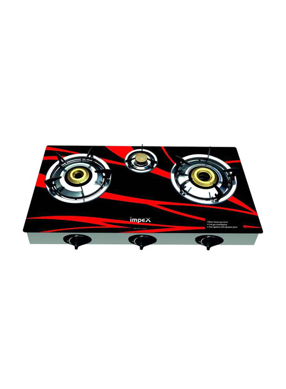 Impex 3 Burner Glass Top Gas Stove, IG123F, Black/Red