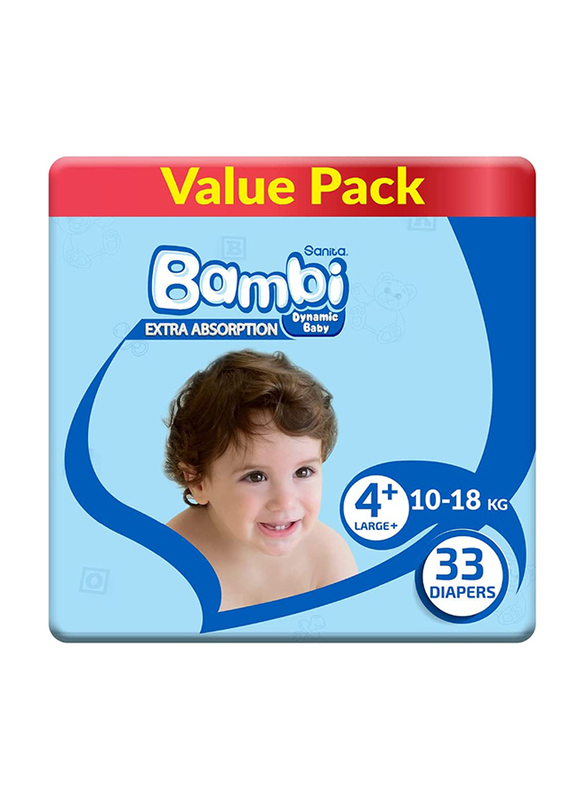 Sanita Bamabi Diapers, Size 4 plus, Value Pack, Large 10-18 kg, 33 Count