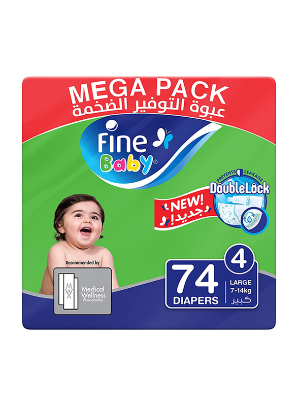 Fine Baby Double Lock Diapers, Size 4, 7-14 kg, Mega Pack, 74 Count