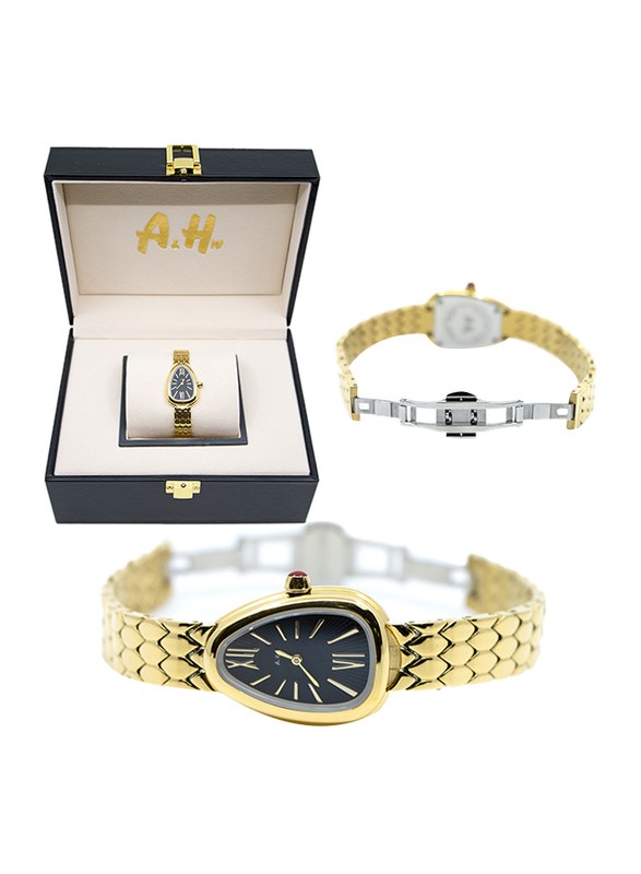 A&H Analog Watch for Women with Stainless Steel Band, Gold-Black