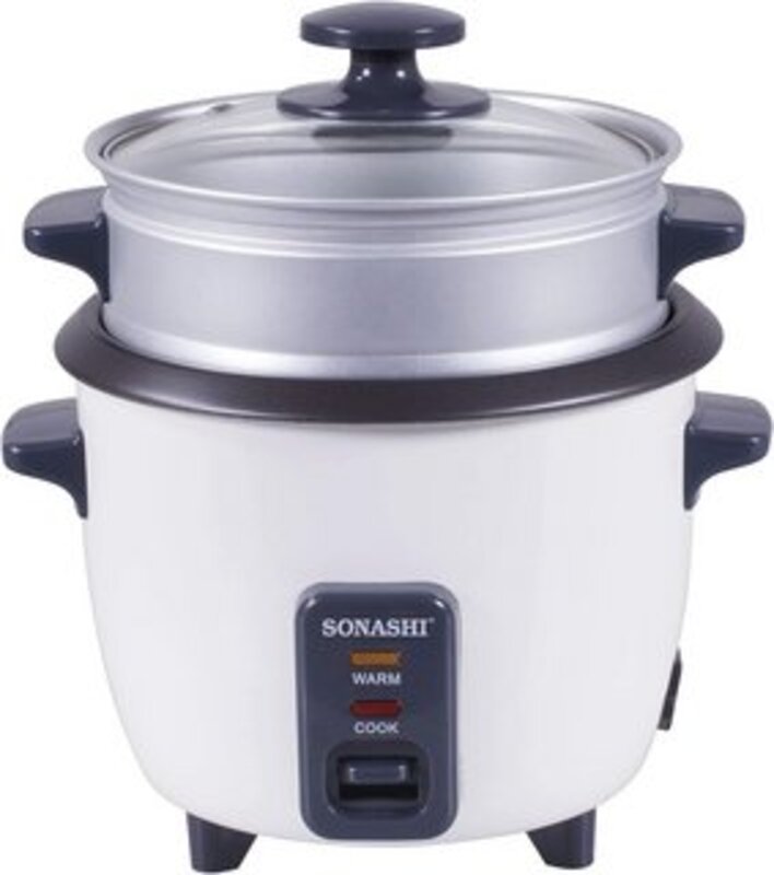 Sonashi SRC310, 1L Rice Cooker With Steamer ,Tempered Glass Lid, Cool Touch Handle