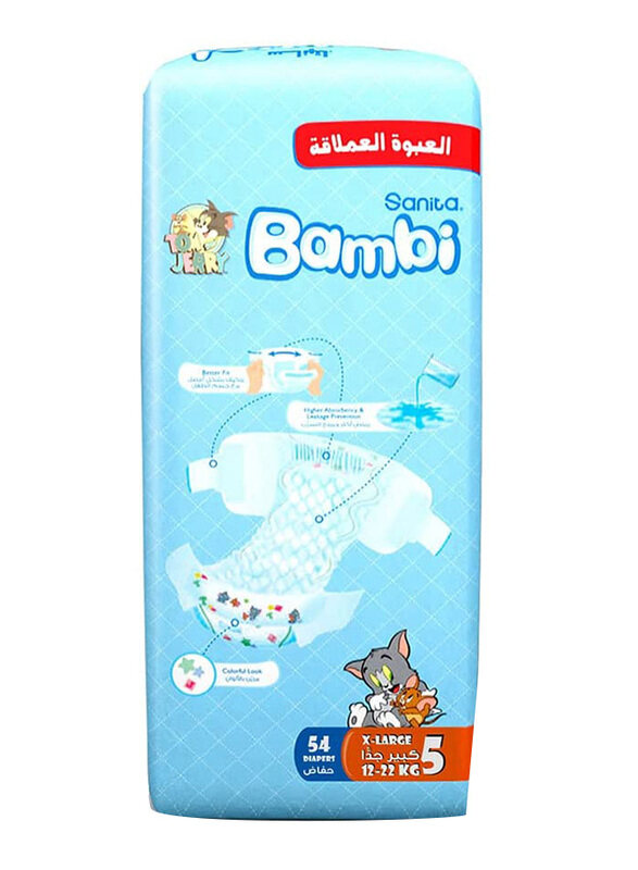 Sanita Bambi Baby Diapers, Size 5, Junior, 12-22 kg, Jumbo Pack, 54 Count