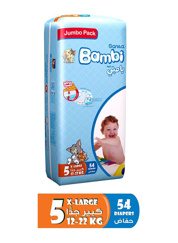 Sanita Bambi Baby Diapers, Size 5, Junior, 12-22 kg, Jumbo Pack, 54 Count