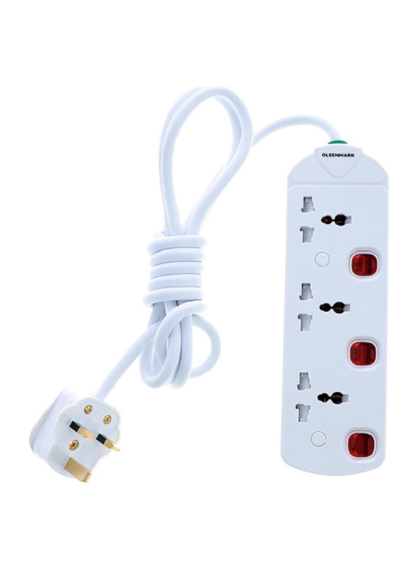 Olsenmark 3 Way 13A Extension Socket, 2 Meter Cable, White
