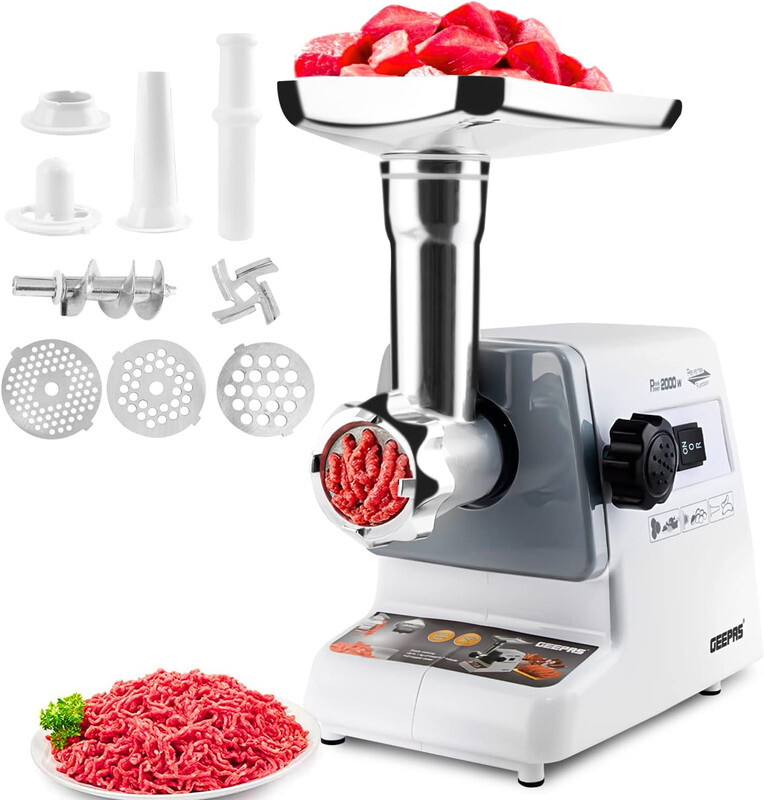 

Geepas GMG767, Meat Grinder, Meat Mincer, ,Reverse Function ,Metal Cutting Plates, Accessories, Metal Gears, Stainless Steel Blade