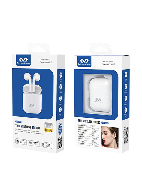 Miccell VQ-Q200 True Wireless In-Ear Bluetooth 5.0 Stereo Earbuds, White