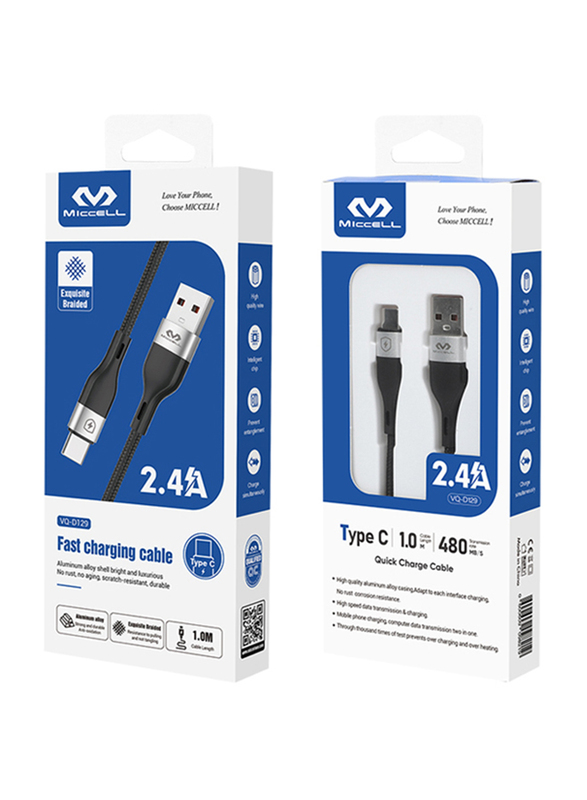 Miccell 1-Meter 2.4A Ultra Strong USB-Type A to USB Type-C Charging Cable for Smartphones, VQ-D129, Black