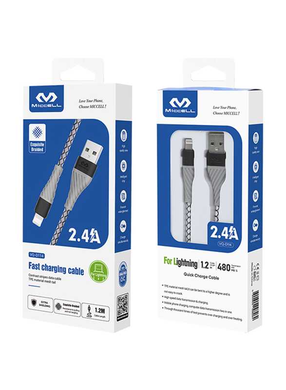 Miccell 1.2-Meter 2.4A TPE USB To Lightning Cable for Smartphones, VQ-D114-IP, Grey