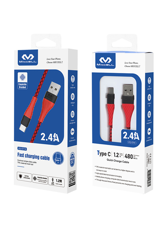 Miccell 1.2-Meter TPE USB Type-A to USB Type-C Charging Cable for Smartphones, VQ-D114-TC, Red