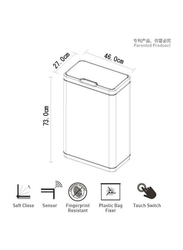 Eko High Quality Sturdy and Durable Fingerprint Resistant Automatic Sensor Dustbin with Plastic Inner Bucket, 80 Litters, Silver/Black