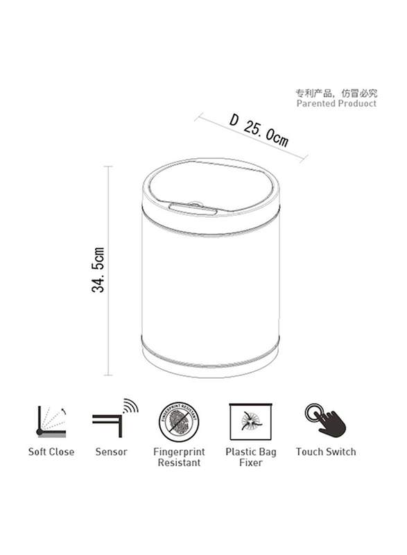 Eko Durable Fingerprint Resistant Automatic Sensor Dustbin with Plastic Inner Bucket, 9 Litters, Gold/Black