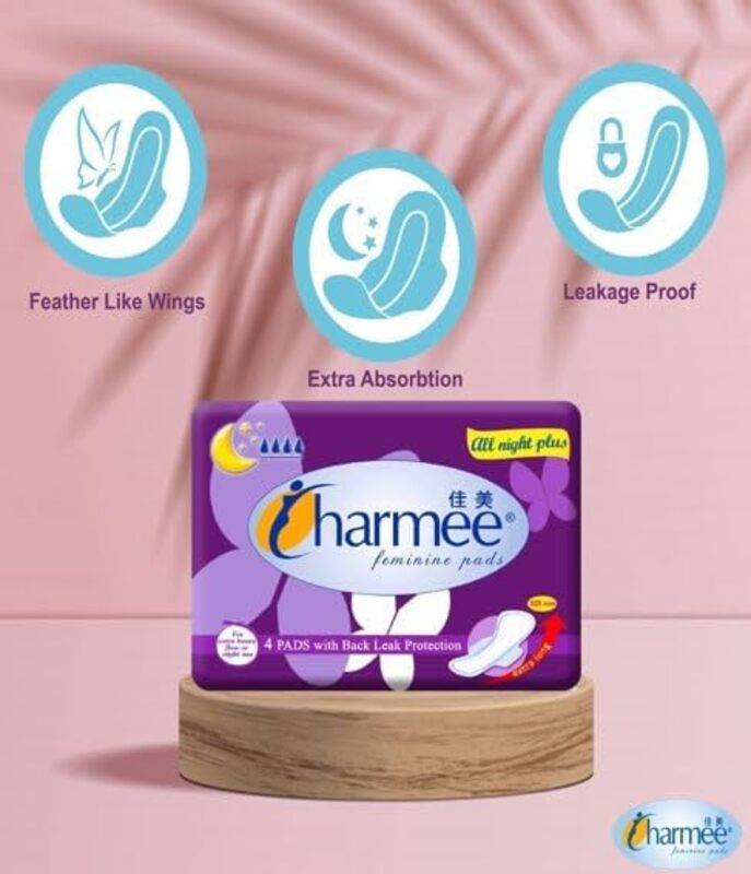 Charmee Feminine Pads - All Night Plus - Extra Long & With Wings - For Heavy Flow or Night Use - 4 Pads