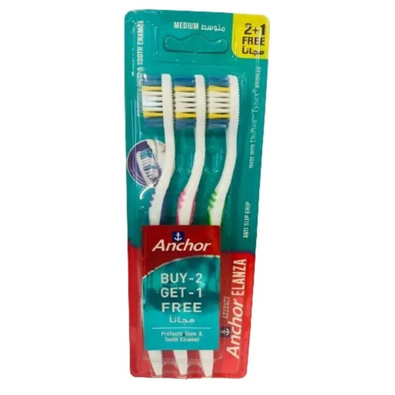 

Anchor Advance Elanza Medium Bristles Toothbrush - Protects Gum & Tooth Enamel - Tongue Cleaner Bristle Head - 2 + 1 Promo