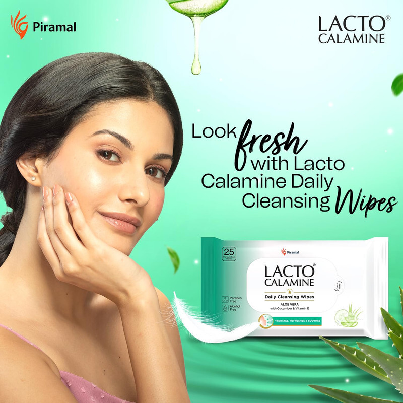 Lacto Calamine Daily Cleansing Wipes Aloe Vera with Cucumber & Vitamin E - Hydrates, Refreshes & Soothes - Paraben Free & Alcohol Free - 25 Usable Wipes 130 g