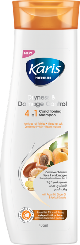 Karis Premium Dryness & Damage Control 4 in 1 Conditioning Shampoo - With Argan Oil, Ginger Oil & Apricot Extracts - Makes Hair Soft - Conditions Dry Hair- Nourishes Hair Follicles - 400 ml