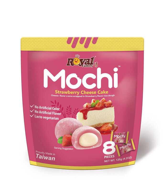 

Royal Family Mochi Strawberry Cheese Cake Wrapped in Strawberry Flavor Rice Dough - No Artificial Color - No Artificial Flavor - Lacto Vegetarian - So