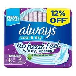 Always Cool & Dry Sanitary Pads 30 Large Pads with Wings - Clean and Dry - Soft Dry Topsheet - With Aloe Vera Freshness - Maxi Thick & Large