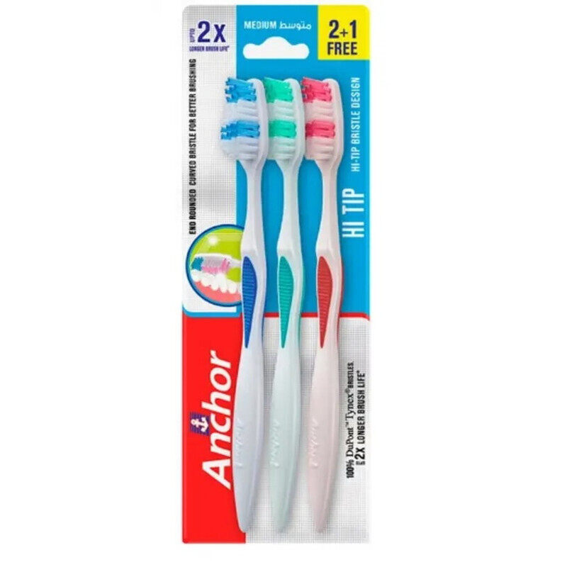 

Anchor Hi-Tip Medium Bristles Toothbrush - Helps to Remove Plaque & Bacteria - 2 + 1 Promo