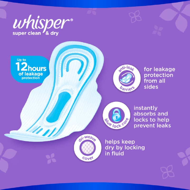 Whisper Super Clean & Dry Pads with Wings 20percent Longer and Wider Up to 12 hours of Leakage Protection Anti Leak Barriers Fast Absorbing 8 pads