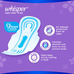 Whisper Super Clean & Dry Pads with Wings 20percent Longer and Wider Up to 12 hours of Leakage Protection Anti Leak Barriers Fast Absorbing 8 pads