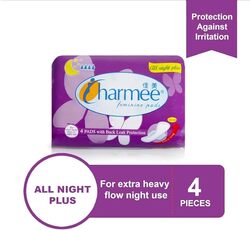 Charmee Feminine Pads - All Night Plus - Extra Long & With Wings - For Heavy Flow or Night Use - 4 Pads