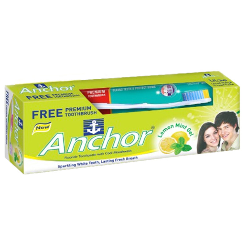 

Anchor Lemon Mint Gel Toothpaste with Free Toothbrush - Flouride Toothpaste with Cool Mouthwash - For Sparkling White Teeth - Lasting Fresh Breath - 1