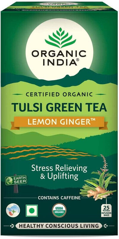 

Organic India Tulsi Green Tea Lemon Ginger - Stress Relieving & Uplifting Mood - Helps Fight Illness Cough & Cold - Contains Caffeine - 25 tea bag x 1