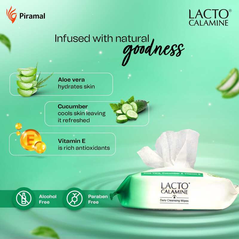 Lacto Calamine Daily Cleansing Wipes Aloe Vera with Cucumber & Vitamin E - Hydrates, Refreshes & Soothes - Paraben Free & Alcohol Free - 25 Usable Wipes 130 g