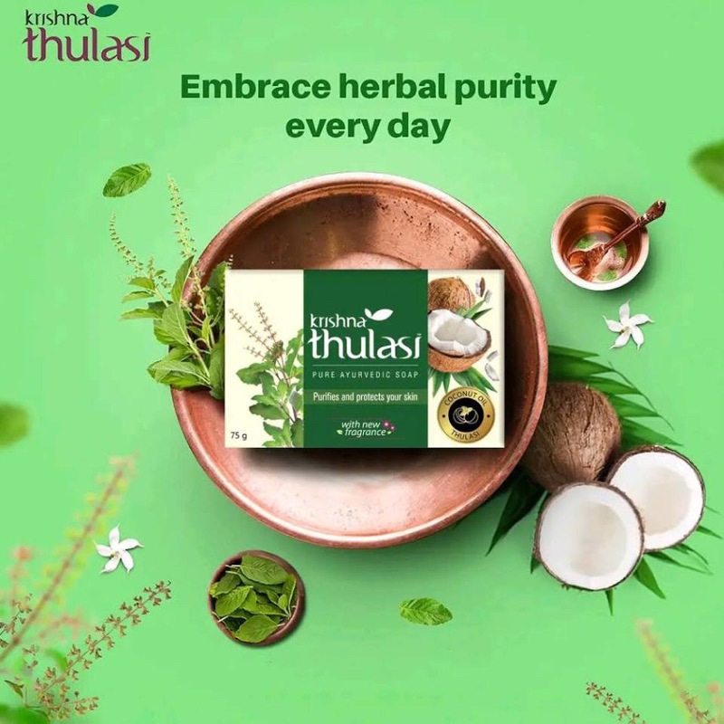 Krishna Thulasi Pure Ayurvedic Soap with Coconut Oil & Thulasi - With New Fragrance - Purifies and Protects Your Skin - 5x75 g