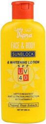 Lady Diana Face & Body Sun Block Whitening Lotion SPF UV 40 - Water Resistant & Ultra Sun Protection with Vitamin E - with Natural Fruit Extracts - 200 ml